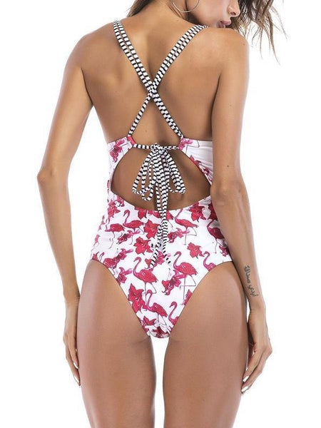 Flamingo Print Floral One Piece Monokini Swimwear