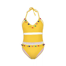 Load image into Gallery viewer, Hollow Bombom tassel hanging neck strap one-piece swimming