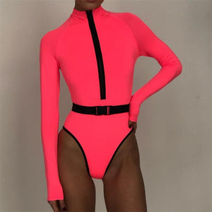 Long Sleeve Rash Guard Women Solid One Piece Swimsuit Fluorescent Green Swimwear Zipper Surfing Suit Belt Bath Suit UV Protect