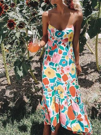 Floral Summer Boho Spaghetti-Strap Long Party Dress
