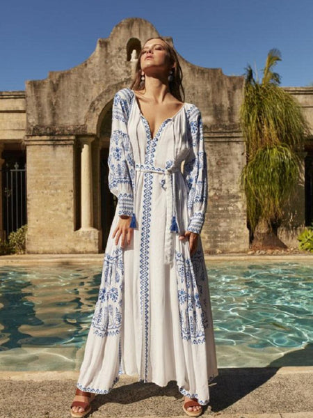 Vintage Women Casual Sexy V-neck Loose Boho Dress Ladies Floral Dresses Holiday Beach Dress