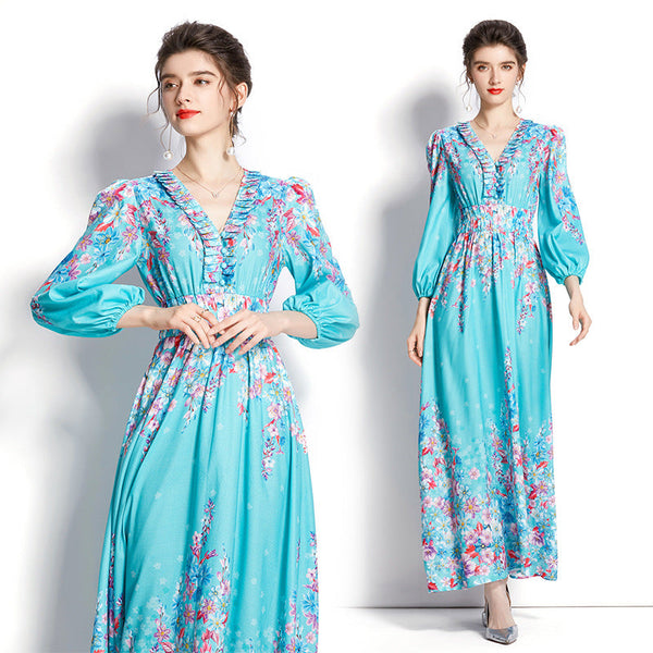 Spring and autumn V-neck long sleeves temperament, ruffled lace balloon sleeves, long print waist dress