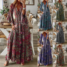 Load image into Gallery viewer, Bohemian Style Bell Sleeve Print V-neck High-waisted Resort Dress Floral Women&#39;s Dress