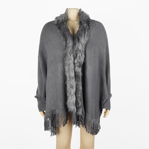 Tassel cloak shawl wool collar cloak solid color cardigan sweater