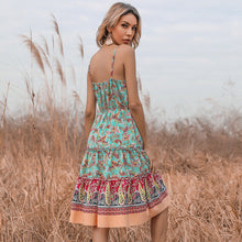 Load image into Gallery viewer, Bohemian Summer New Ethnic Floral Dress with Peach Heart Neck Strap Dress for Women