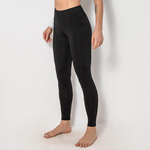 Spliced pocket size double-sided nylon high elastic sports high waist hip tight yoga pants women.