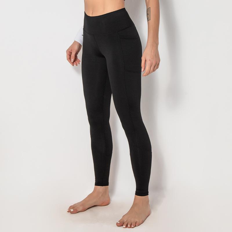 Spliced pocket size double-sided nylon high elastic sports high waist hip tight yoga pants women.