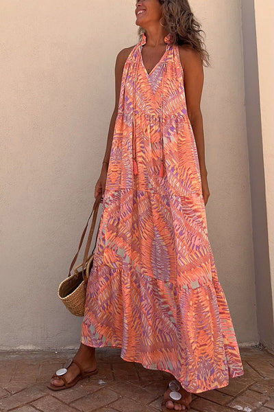 Summer loose fitting women's printed neck hanging sleeveless V-neck large swing long dress