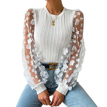 Load image into Gallery viewer, Women&#39;s Mesh Small Flower Chiffon Shirt, Women&#39;s Spring/summer Round Neck Slimming Pullover Long Sleeved Top