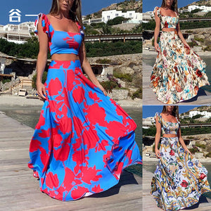 New Women's Waist Top Fashion Sexy Dress Long Dress Two-piece Set