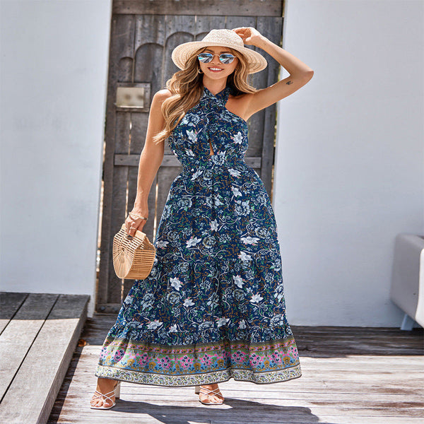 Bohemian print casual halterneck maxi dress