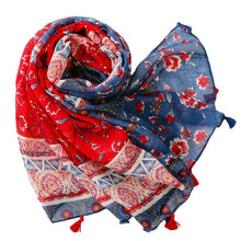 Load image into Gallery viewer, Ethnic Style Soft Cotton Hemp Handle Scarf Red Blue Small Broken Flower Decoration Sunscreen Shawl Silk Scarf Woman