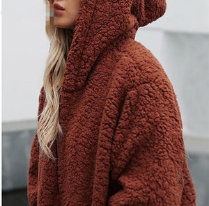 Autumn And Winter Hooded Plush Thick Loose Sweater Coat