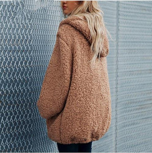 Autumn And Winter Hooded Plush Thick Loose Sweater Coat