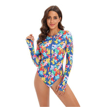 Load image into Gallery viewer, Women&#39;s One Piece Long Sleeve Surfwear Multicolor Print Zip Swimsuit