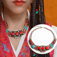 Load image into Gallery viewer, Hair ornament headwear alloy Tibetan Necklace ethnic style fresh gold-plated oil drop color glaze set Pendant Silver Gold Red Green