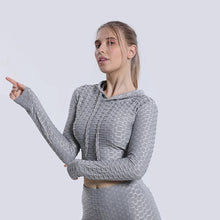 Load image into Gallery viewer, Yoga clothes Jacquard bubble hooded long sleeve Women&#39;s fitness clothes Sports Yoga tops