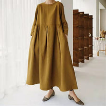 Load image into Gallery viewer, Loose Plus-size Dress Fat Japanese Cotton and Linen Round Neck Pullover Solid Color Long Skirt Big Swing Dress