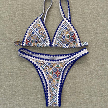 Load image into Gallery viewer, Blue print swimsuit sexy crocheted bikini