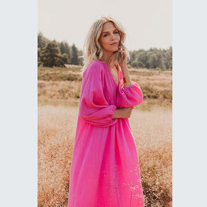 Autumn New Casual Loose Fit Dress V-Neck High Waist Double Layer Wrinkled Yarn Long Sleeve Dress