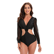 Load image into Gallery viewer, Swimsuit backless long-sleeved one-piece swimsuit high waist lace-up V-neck swimsuit women bikini