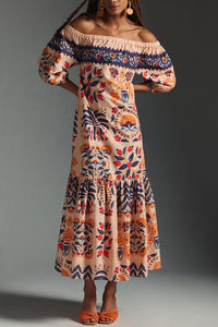 Summer New Retro Print Off Shoulder Loose Pocket Dress