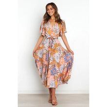 Load image into Gallery viewer, v-neck commuter print short-sleeved waist-length dress Bohemian dress