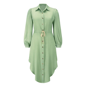 Long-sleeved temperament shirt mid-length tie-up waist dress