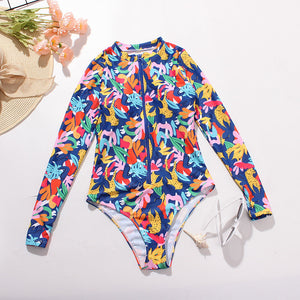 Triangle One Piece Print Zip Long Sleeve Swimsuit