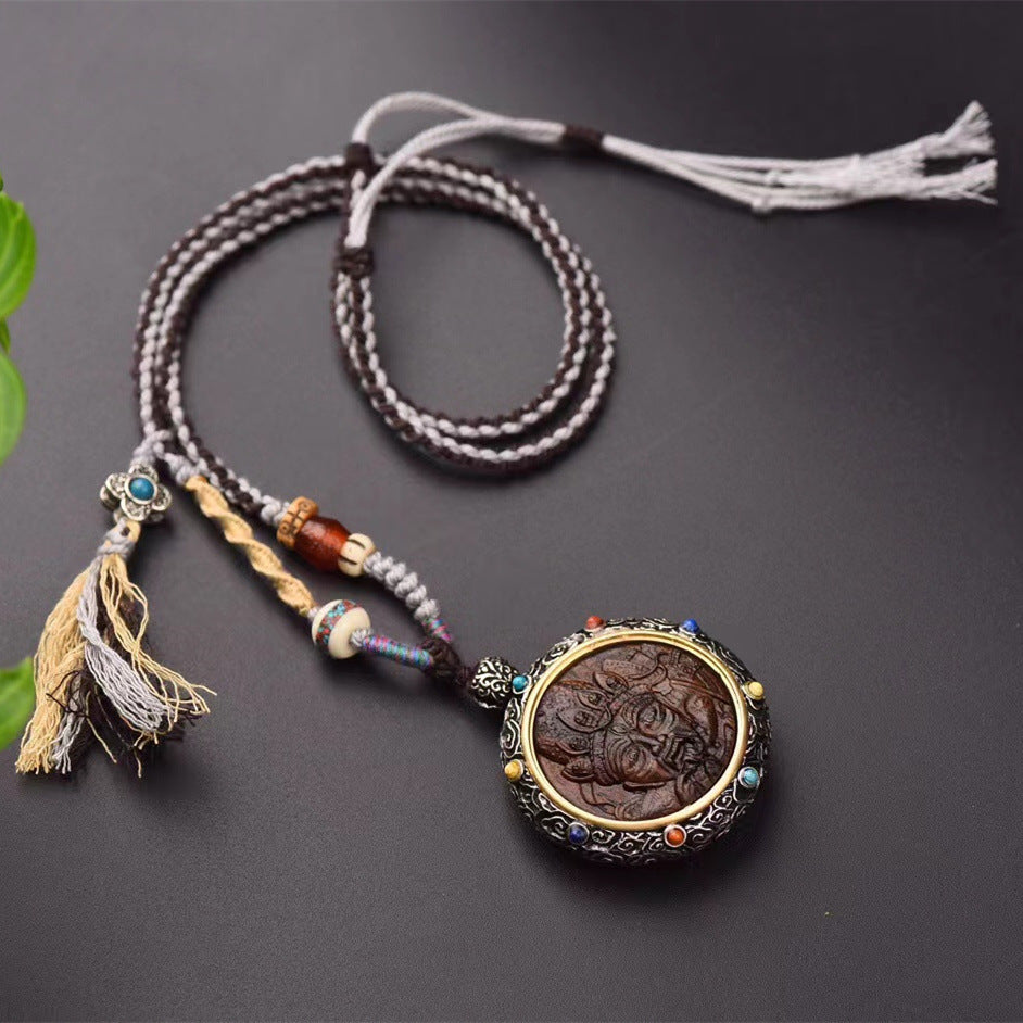 Women's Versatile Retro Necklace National Jewelry Wood Nine tailed Fox Zhajilam Green Tara Thangka Necklace