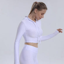 Load image into Gallery viewer, Yoga clothes Jacquard bubble hooded long sleeve Women&#39;s fitness clothes Sports Yoga tops