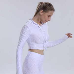 Yoga clothes Jacquard bubble hooded long sleeve Women's fitness clothes Sports Yoga tops