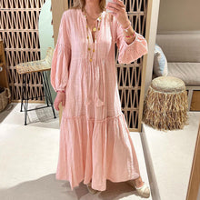 Load image into Gallery viewer, Spring New Cross border Women&#39;s Fashion V-neck Bubble Sleeve Bohemian Cotton Hemp Dress