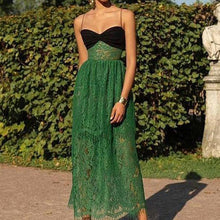 Load image into Gallery viewer, New women&#39;s dress suspender sexy lace green cutout resort multi-layered maxi dress