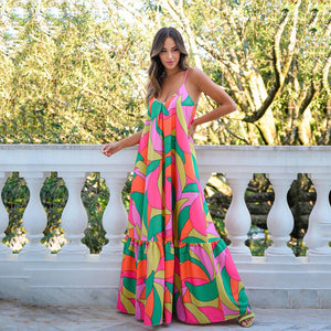 Deep V Backless Dress Bohemian Floral Sling Dress
