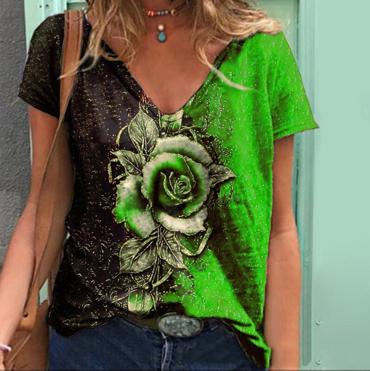 Summer V-neck 3D rose short sleeve loose T-shirt blouse
