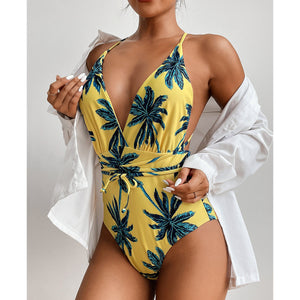 Fashion One Piece Swimsuit Sexy Vintage Ladies One Piece Swimsuit Tropical Leaf Print Swimsuit