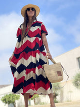 Load image into Gallery viewer, Summer Shirt Collar Print Ripple Large Swing Short Sleeved Dress Long Skirt