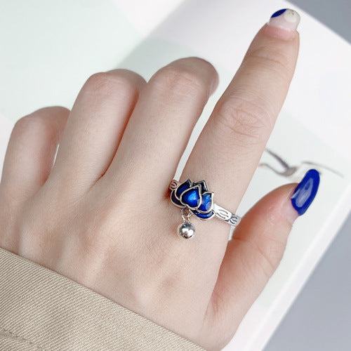 National Cloisonne Lotus S925 Sterling Silver Ring Female Index Finger Ring Niche Design Sense Adjustable Female Ring