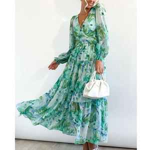 Bohemian Style New Spring and Autumn Deep V Print High Waisted Casual Long Sleeved Mid Length Dress