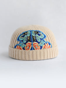 Ethnic style embroidered dome melon skin hat women's elastic good light soft knit hat autumn and winter warm beanie