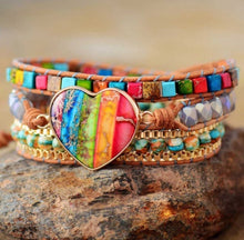Load image into Gallery viewer, Romantic 7 Color Emperor Stone Leather Wrapped Bracelet Mixed Stone Heart Shaped 3-Strand Winding Bracelet Classic Jewelry