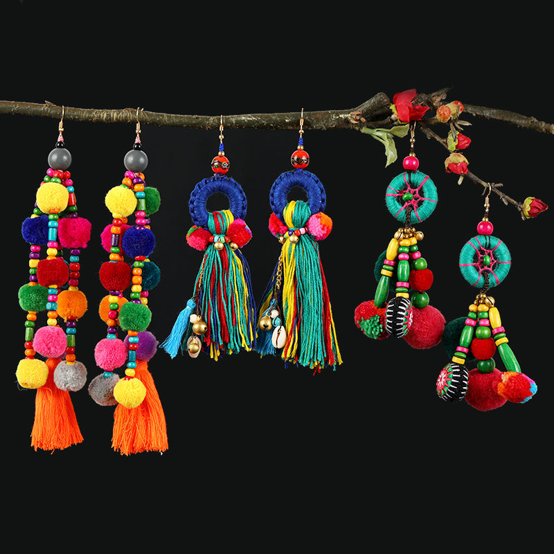 Retro national style contrast color pommel Earrings exaggerated personality Bohemian holiday long tassel temperament Earrings women