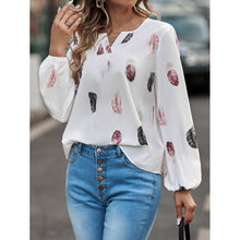 Load image into Gallery viewer, Women&#39;s V-neck feather print long sleeves loose T-shirt blouse