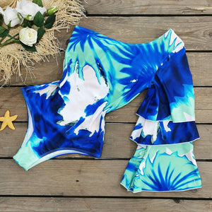 One shoulder long sleeve flash one piece swimsuit women's high waist print tie dye