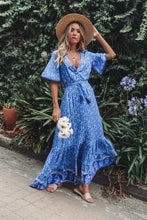 Load image into Gallery viewer, Bohemian Summer High Waist Lace up V-Neck Loose Large Hem Dress Seaside Long Dress