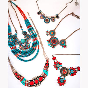 Hair ornament headwear alloy Tibetan Necklace ethnic style fresh gold-plated oil drop color glaze set Pendant Silver Gold Red Green