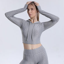 Load image into Gallery viewer, Yoga clothes Jacquard bubble hooded long sleeve Women&#39;s fitness clothes Sports Yoga tops