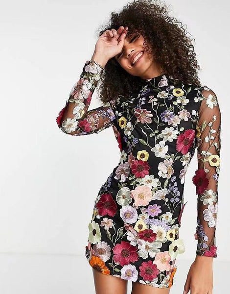 Three-dimensional flowers wrap hip sexy dress