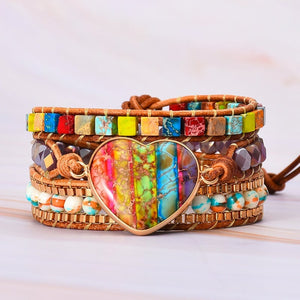 Romantic 7 Color Emperor Stone Leather Wrapped Bracelet Mixed Stone Heart Shaped 3-Strand Winding Bracelet Classic Jewelry